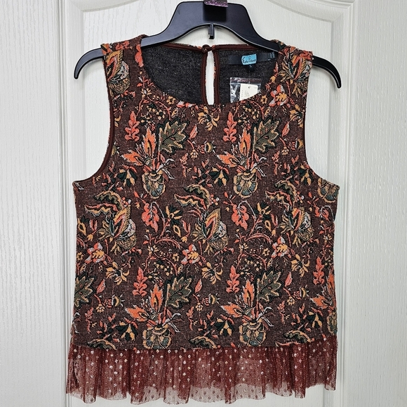 Anthropologie Eva Franco Brown Floral Jacquard Tulle Sleeveless Top SMALL - Picture 2 of 14
